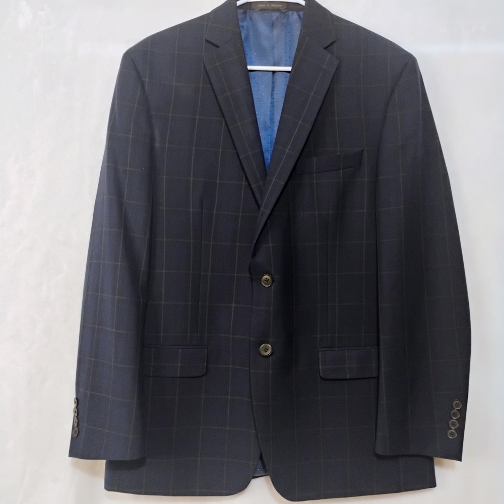 Michael Strahan Collection Mens 40R Navy Blue Windowpane Plaid Blazer Sport Coat